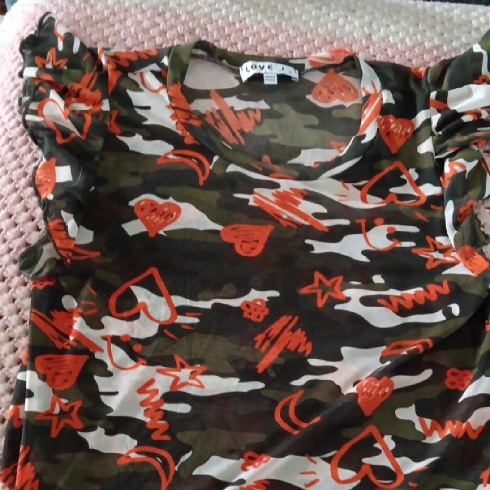 Camouflage Top with Red Heart Print
